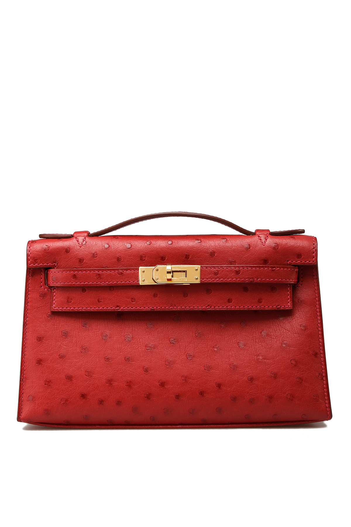 Hermes Rouge Vif Ostrich Kelly Pochette Bag with Gold Hardware. A